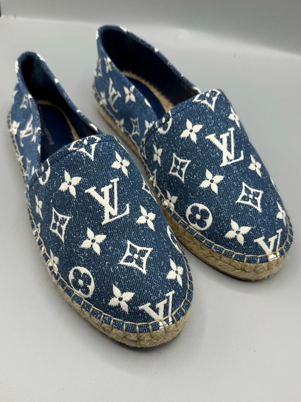 Louis Vuitton Denim Monogram Espadrille Slip-Ons in Blue & White